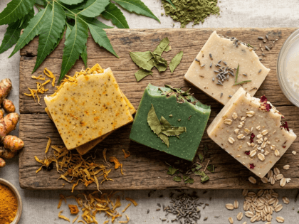 Handcrafted Nishkalmasha herbal soaps with neem, turmeric, and fermented rice water on a wooden slab.